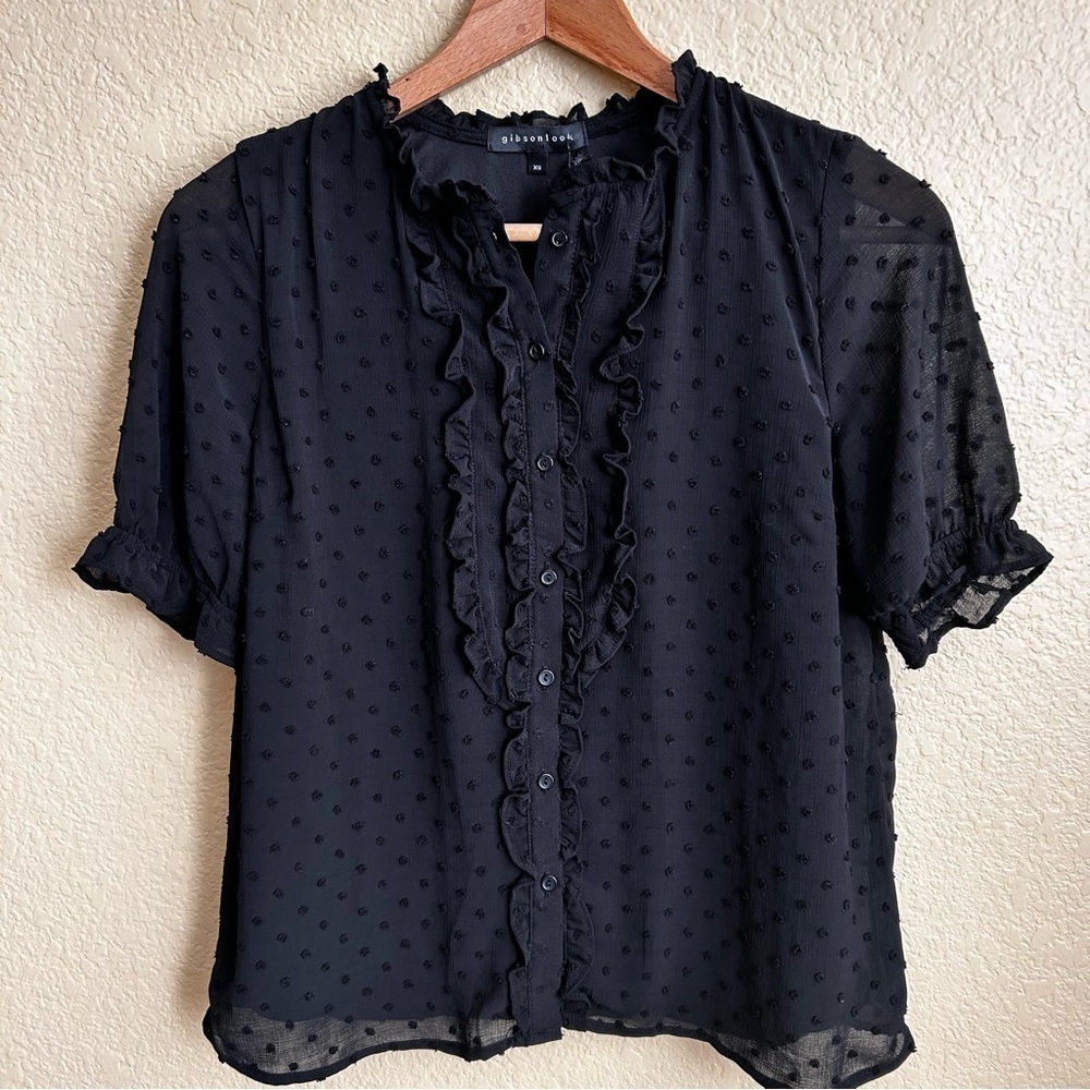 Gibsonlook Black Short Sleeve Sheer Ruffle Button Down Blouse